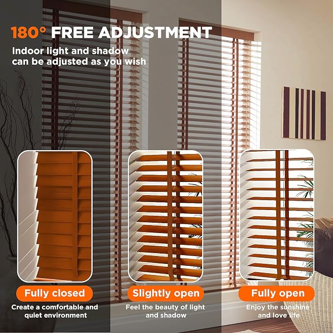 2" Slats Wood Blinds for Indoor Windows: Solid Wooden Blackout Blinds & Shades,Black Out Privacy Horizontal Blinds for Home Bedroom Bathroom Living Room Windows and Doors 31.5" WX48 H Brown