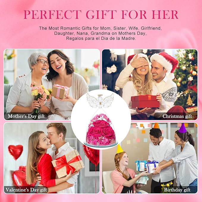 Flowers for Delivery Gifts for Mom Mothers Day Birthday Gifts for Women Grandma Fresh Preserved Flowers Forever Real Roses in Glass Angel Figurines Anniversary Present for Wife Her Friends Daughter