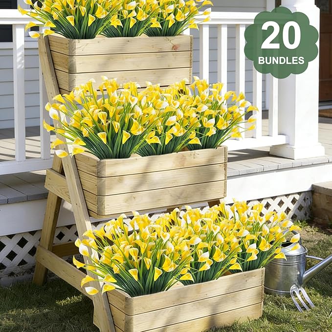 TURNMEON 20 Bundles Calla Lily (400 Heads) Artificial Flowers for Outdoors, Fake Plants UV Resistant Faux Plastic Fake Flowers for Indoor Planter Home Porch Yard Spring Summer Cemetery Decor(Yellow)
