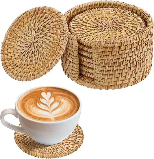 8pcs Natural Handmade Rattan Coasters with Holder - Wicker Drink Coasters Set for Protecting Table, Housewarming Gifts Boho Fall Home Coastal Decor