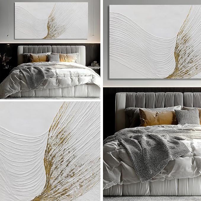 Hue7Art Contemporary White and Gold Abstract Canvas Wall Art Textured Line Design Minimalist Hand Painting Artwork for Living Room Bedroom Office Neutral Decor 29x58 Inch