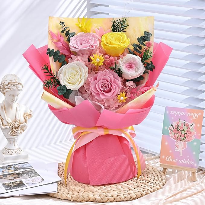 5 Pcs Glitter Pink Preserved Roses Flowers Bouquet, Forever Rose Flowers for Delivery, Birthday Gifts for Women, Long-Lasting Red Roses with Vase Gift Box, Forever Flowers for Wife Mothers Day