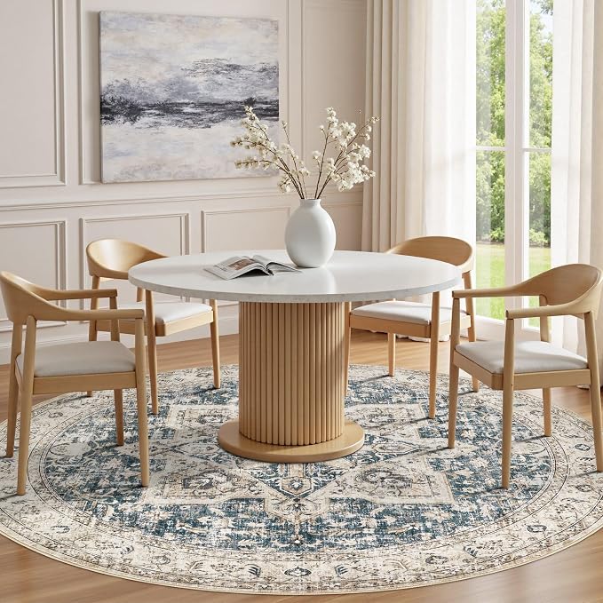 Tortania 7' Round Area Rug Living Room Rugs - Washable Boho Rug Vintage Oriental Distressed Farmhouse Large Thin Indoor Carpet for Bedroom Under Dining Table Home Office - Cream/Blue