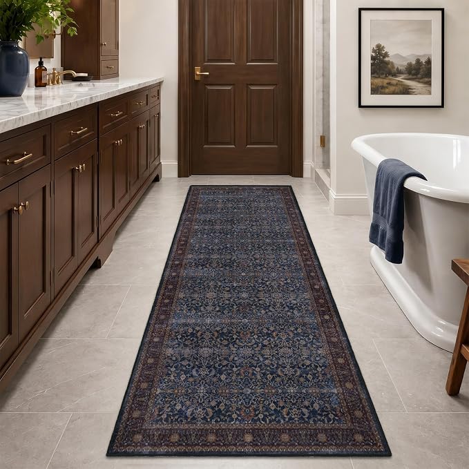 Dark Blue 2x6 Washable Runner Rug Non Slip, Old Money Aesthetic Carpet Runners for Hallway Kitchen 6ft Vintage Maximalist, Low Pile Thin Print Entryway Runner for Bathroom Mudroom Bedroom