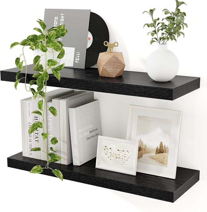 Floating Shelves for Wall, 24 inch Black Floating Shelves, 9.3in Deep Wooden Wall Shelf for Living Room Display Bathroom Book Shelves Laundry Room Storage or Bedroom Kitchen Organizer, 2 Packs