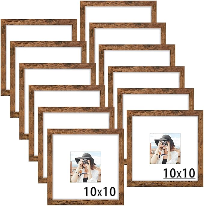 Picrit 10x10 Picture Frame Set of 12, Display 5x5 with Mat or 10x10 without Mat, Photo Frames for Wall Mounting Display, Brown