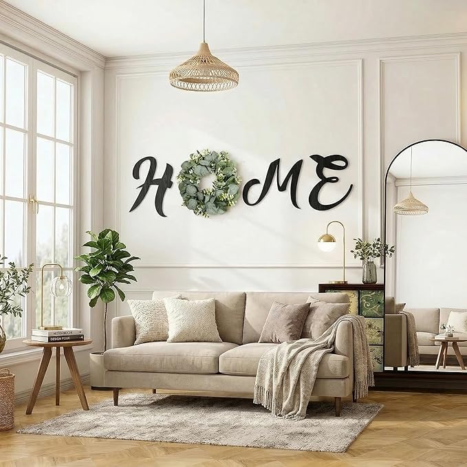 Pinkpum Wood Home Sign with Artificial Eucalyptus Wreath for O, Hanging Farmhouse Wall House Decor Wood Letters for Wall Art Rustic Home Decor, Wall Decor for Living Room Kitchen Entryway (Black)