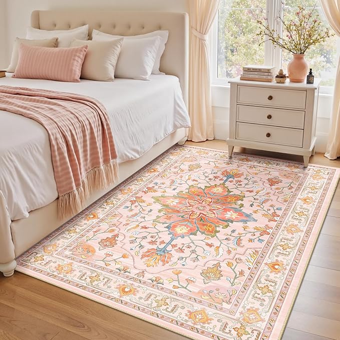 RELEANY Area Rugs 4'x5' Washable Non-Slip, Floral Vintage Distress Print Pattern Medallion Carpet for Living Room Bedroom Dining Room, Light Pink Colorful