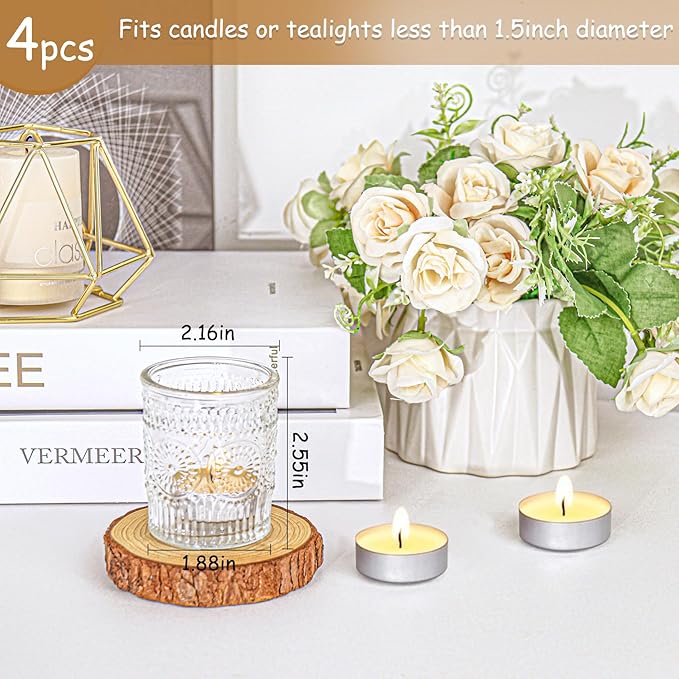 4 Pcs Clear Glass Votive Candle Holders, Tealight Candle Holders for Table Centerpieces, Vintage Candle Holder Bulk, Boho Wedding, Home, Bridal Shower, Birthday Party Table Decor (Clear)