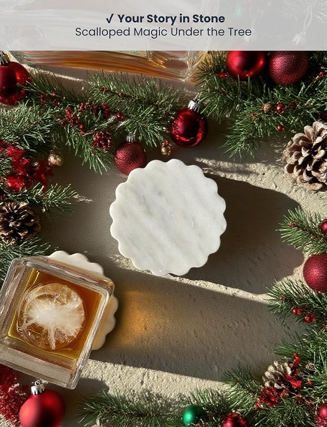 Marble Coasters Set of 4, Handcrafted Drink Protectors,Natural Stone Coaster Bar & Table Decor, Modern Desk Aesthetic Accessories, Non-Slip Luxury Gift (Calacatta White Wave Scalloped)