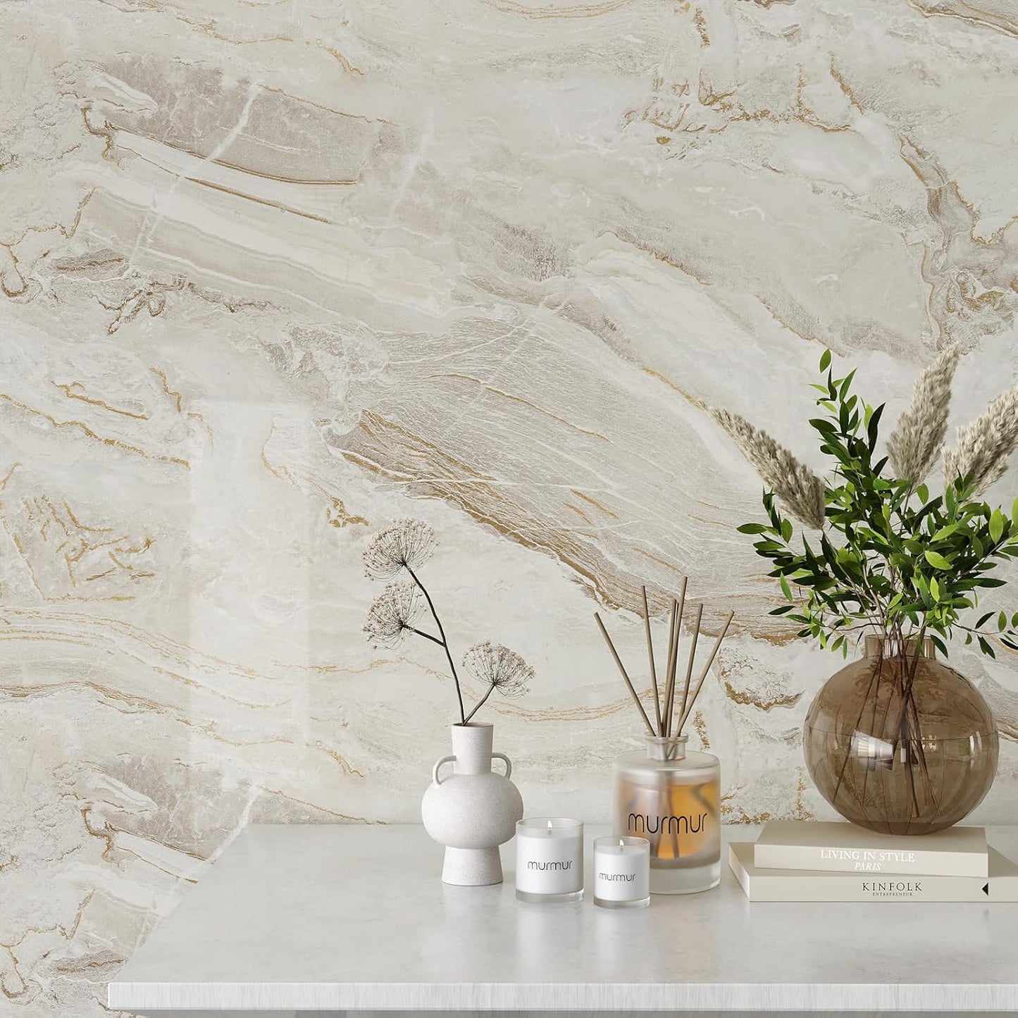 VEELIKE Glossy Beige Gold Marble Contact Paper for Countertops 24''x118'' Wide Peel and Stick Countertops Waterproof Thick Marble Wallpaper Self Adhesive Vinyl Counter Top Wraps for Kitchen Bathroom