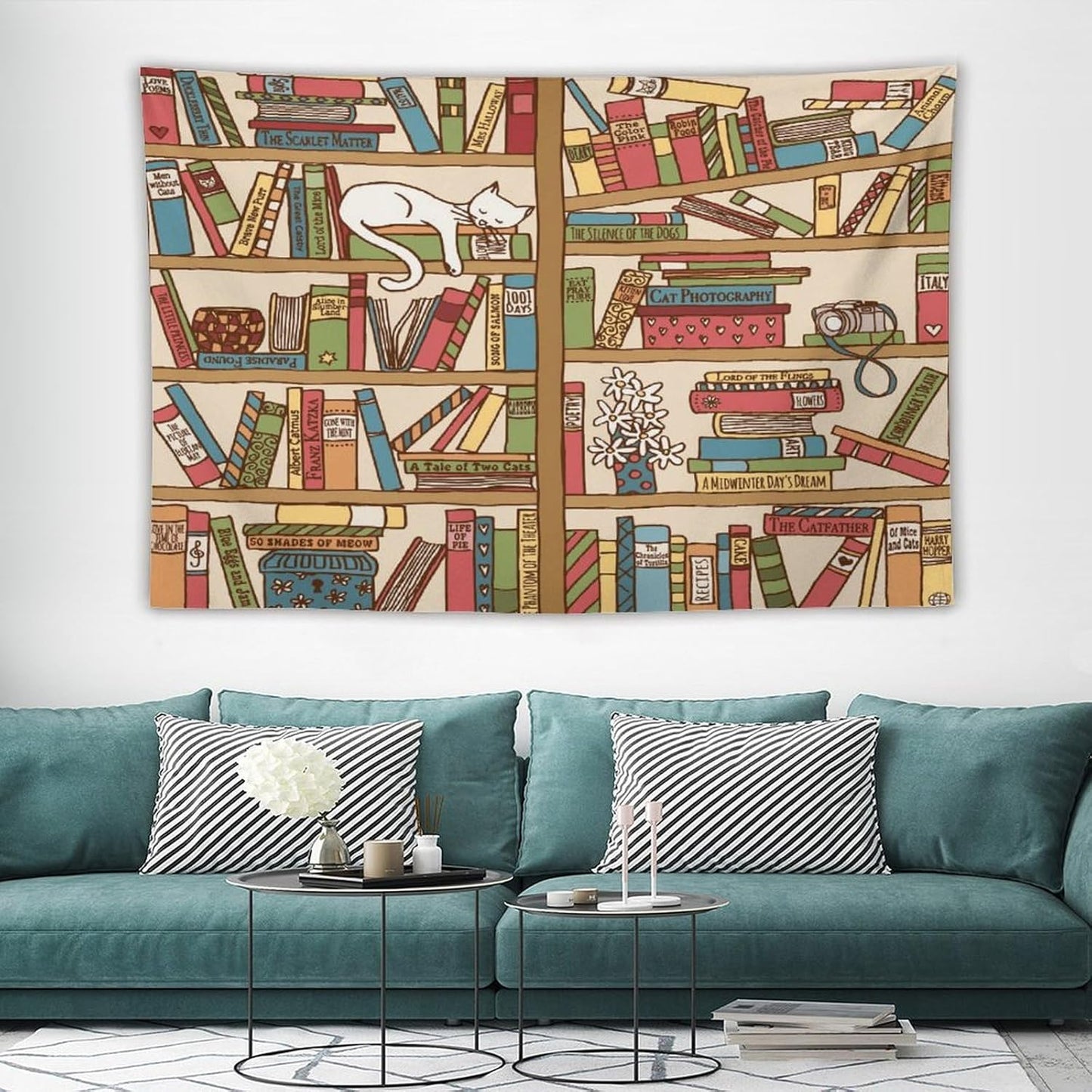 Kurtect Bookshelf Tapestry,Cute Cartoon Cat Sleeping Library Theme Pattern Print Tapestries for Party Beach Picnic Blankets Tablecloths Living Room Wall Deocr, 40x60 in