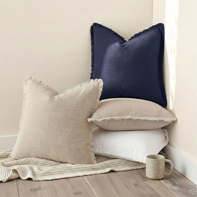 decorUhome Summer Decorative Neutral Linen Fringe Euro Sham Throw Pillow Covers Set of 2 Black Pillow Covers with Tassels Soft Farmhouse Boho Accent Pillow Cases for Couch Bed Sofa 22x22 Inch
