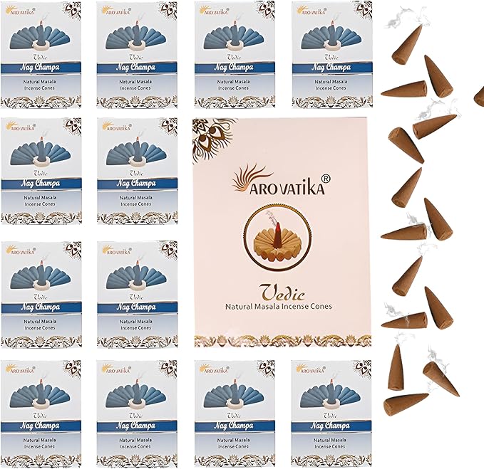 ARO VATIKA Vedic Nag Champa Natural Masala 120 Incense Cones in Pack of 12 Boxes | Environment-Friendly Dhoop | Best for Prayer, Reiki, Meditation & Relaxation | Burn time- 25 mins