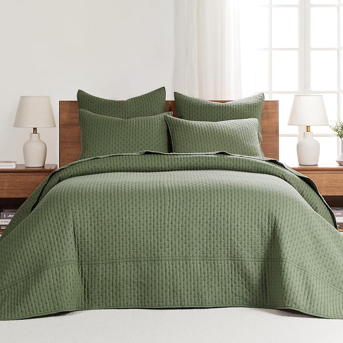 Levtex Home Cross Stitch Reversible Queen Bedspread Set (104x106in) with 2 Pillow Shams (26x20in) - Stitch Texture - Forest Green - Cotton Queen Size Bedspread Set - Lightweight, Soft, Pre-Washed