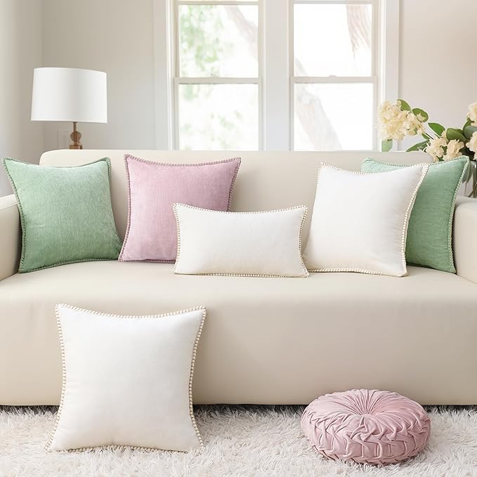 decorUhome Summer Chenille Soft Cozy Throw Pillow Covers 24x24 Set of 2, Modern Farmhouse Boho Velvet Decorative Euro Sham Pillow Cases with Stitched Edge for Couch Sofa Bed Home Decor, Cream White