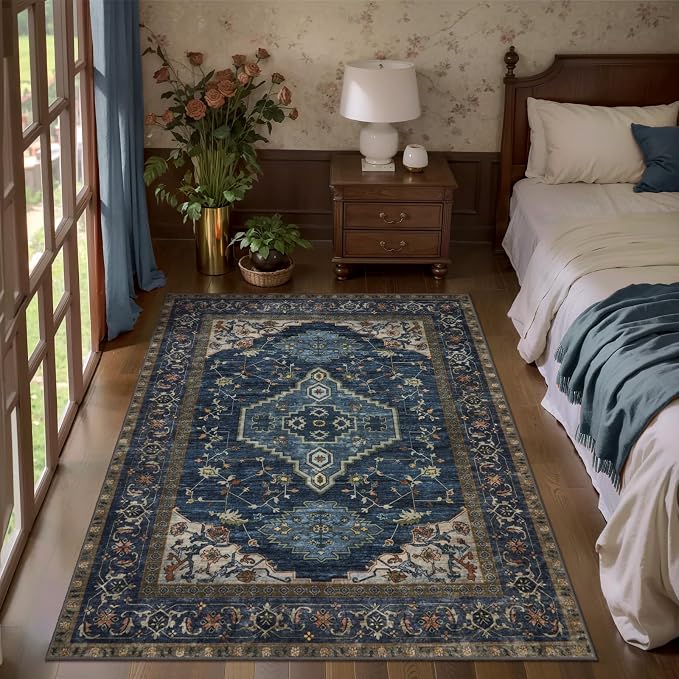 Tangsoo 3x5 Washable Rugs Oriental Area Rug, Vintage Non Slip Indoor Accent Rug, Print Carpet, Soft Low Pile Rug for Living Room Dining Bedroom Bedside Entryway Dark Blue Home Decor