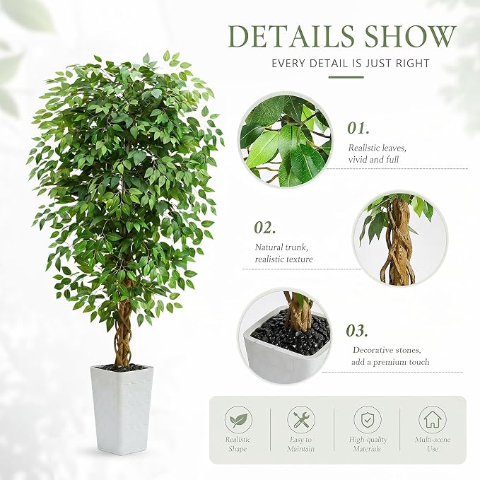 Artificial Ficus Tree 6FT Faux Floor Tree with Planter UV Resistant Potted Fake Silk Plant - Indoor Outdoor Lifelike Fake Ficus Tree for Home, Living Room Bedroom Topiary Tree