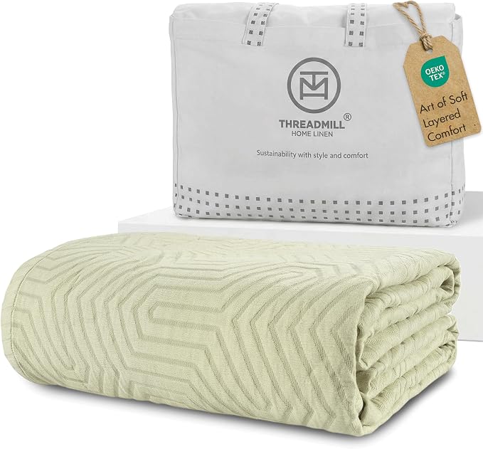 Threadmill Luxury Cotton Blankets for Twin Size Bed | All-Season 100% Cotton Twin Blanket for Bed | Aster Jacquard Lightweight, Soft & Cozy Coverlet, 350GSM, 68x90 inches | Sage Green