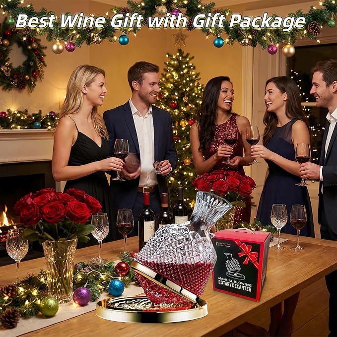 Wine Decanter Set - Spinning Crystal Red Wine Decanter Golden, 1.5L Luxury Wine Aerator Carafes Glass, Jarler Hand Blown lead-free Decanter with Greeting Card, Art Wine Gift for Wine Lover