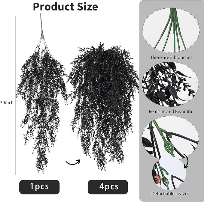 SJL Black Hanging Flowers Fake Hanging Plants Artificial Greenery Outdoor Flowers UV Resistant Fake Lavender Plant Plastic Flower Faux Vine for Garden Porch Gothic Halloween Decorations (Black)