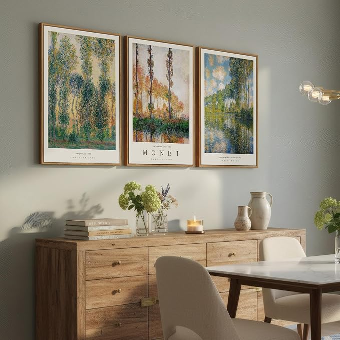 Large Framed Claude Monet Landscape Wall Art for Living Room, 3 Piece Impressionist Vintage Nature Prints Paintings, Green Tree Canvas Pictures Artwork Decor for Bedroom Entryway 16x24 Inch