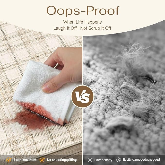 2x12 Beige Runner Rug for Kitchen Machine Washable Low Pile Checkered Carpet Modern Accent Soft Non Slip Long Rug for Bathroom Bedroom Nursery Indoor