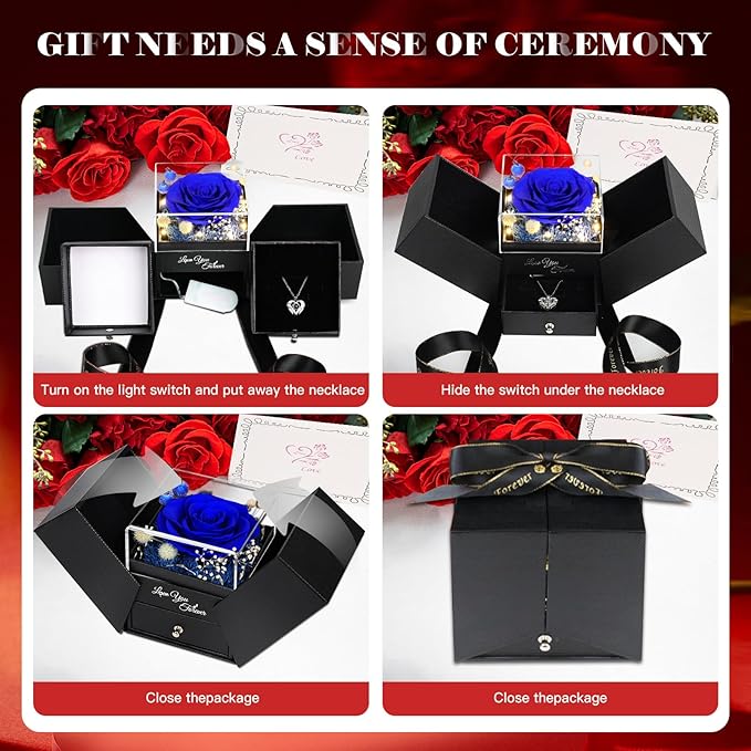 FIACO Gifts for Mom Preserved Real Roses with I Love You Necklace Fresh Forever Flowers Mothers Day Flower Gifts for Women Grandma Anniversary Birthday Gift for Girlfriend Wife Daughter