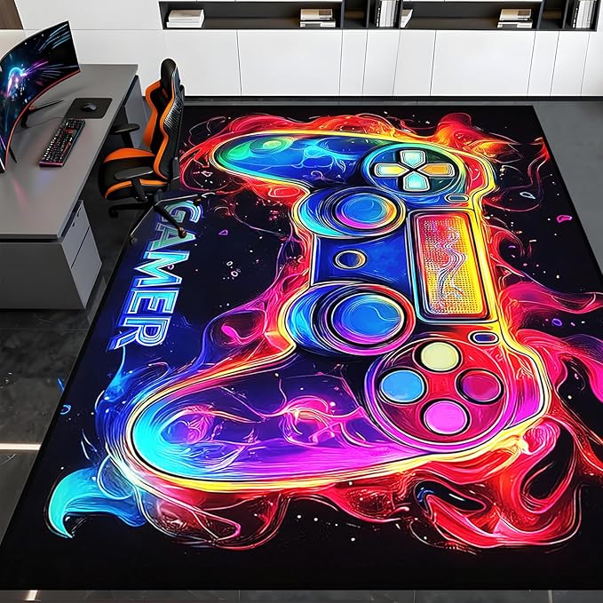 Gaming Area Rug 9×12 for Boys Bedroom - Gaming Carpet Rug for Kids Boys Room Video Games Carpet Gamepad Themed Rugs Kids Room Decor