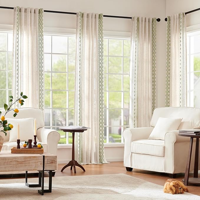 jinchan Boho Curtains Linen Blend Beige Farmhouse Curtains 63 Inches Long for Living Room Sage Green Square Embroidered Bordered Back Tab Bedroom Window Light Filtering Bohemian Drapes 2 Panels