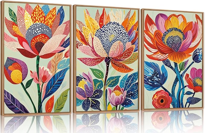 HPINUB Abstract Botanical Floral Framed Canvas Wall Art Set,Colorful Dot Art Modern Flower Wall Decor,Vibrant Blooming Flowers Artwork Eye-Catching Boho Art Print for Living Room,Bedroom-24 x36 x3