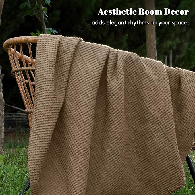 PHF Pre-Washed Cotton Waffle Weave Blanket Queen Size for Bed,Snag Proof Throw Blanket for Couch Spring Summer Lightweight Breathable,Oeko-TEX Certified, Machine Washable,Home Decor Gift -Walnut Brown