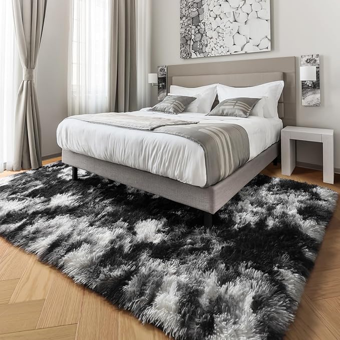 PAGISOFE Black White Rugs for Living Room 6x9, Shag Fuzzy Fluffy Rugs for Bedroom Kids Room Playroom Dorm Shaggy Soft Carpet for Home Decor Aesthetic Plush Bedside Rug Modern Grey Rug