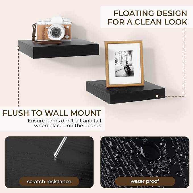 RICHFOCUS 8 Inch Floating Shelves for Wall Small Square Shelves Set for Bedroom|Kitchen|Bathroom|Laundry Room Rustic Wood Wall Mounted Shelf with Invisible Brackets for Books|Storage|Decor, Black