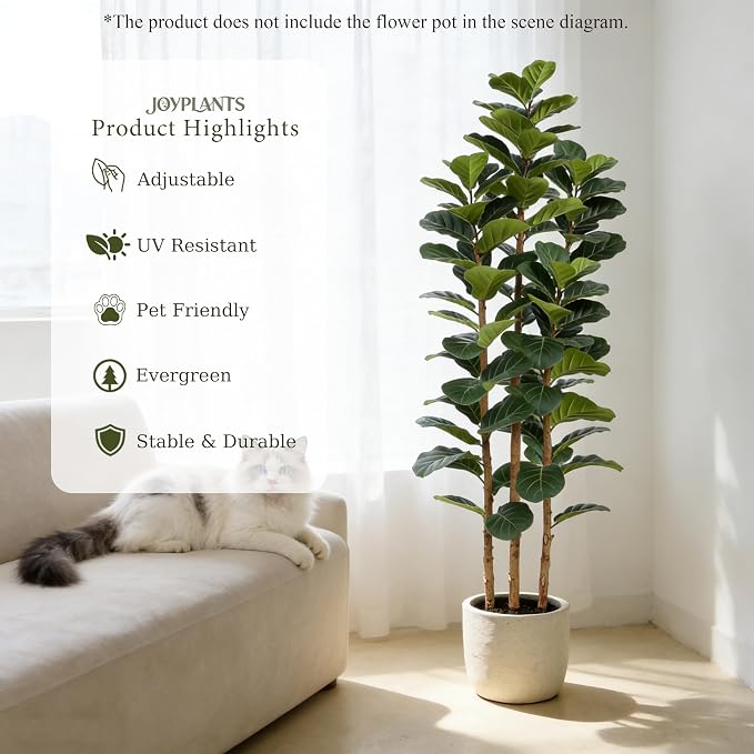 6ft Fake Fiddle Leaf Fig Tree, Realistic Fake Plants with Natural-Looking Trunk, Evergreen Faux Plants Indoor for Home & Office Decor（3 Poles, Black Pot）