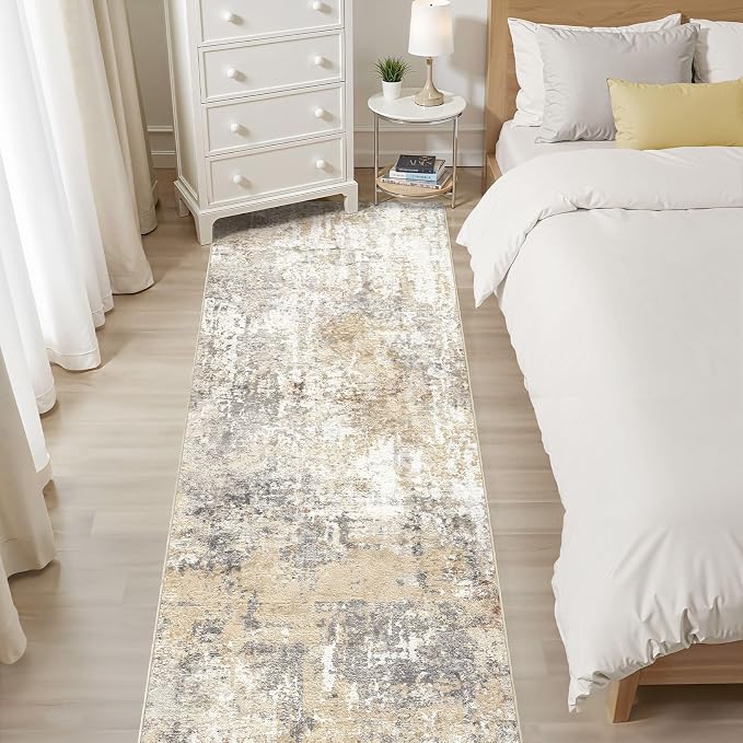Runner Rug Kitchen Washable Rugs: 3x8 Non-Slip Abstract Soft Modern Stain Resistant Indoor Floor Neutral Accent Throw Carpet for Hallway Bathroom Laundry Room Entryway Bedroom- Gray Gold