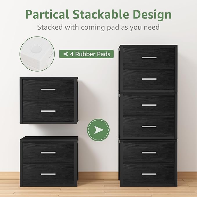 BOLUO Stackable Storage Drawers Closet Organizers and Storage Fabric Black 2 Drawer Dresser for Bedroom Modern