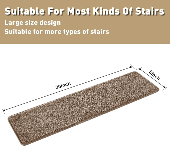 PURE ERA Carpet Stair Treads Tape Free Non Slip Indoor Stair Carpet Stair Protectors Pet-Friendly Non-Slip Skid Resistant Washable Reusable 8" x 30"(14 Pieces,Camel Brown)