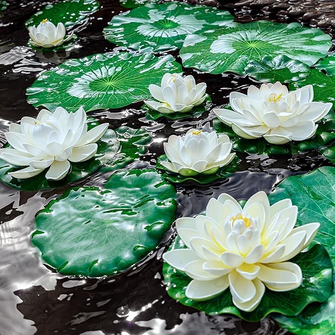 8Pcs Artificial Lotus Flower Decor, 7inch & 4inch Floating Foam Lotus Flowers, Outdoor Pond Plants, Water Lily Pads Decoration
