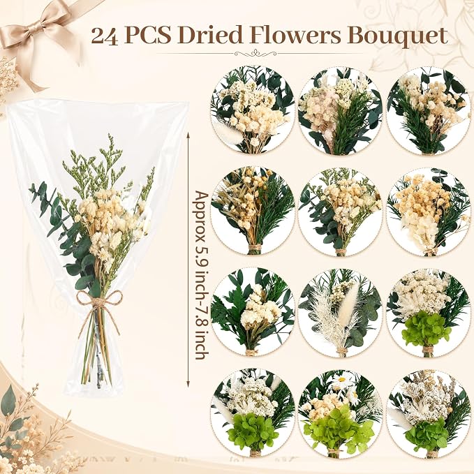 12/24PCS Handmade Dried Flower Bouquet with Stems Natural Dried Wildflowers 7.5 Inch Mini Dry Flowers for Vase Farmhouse Decor, Wedding Styling, Photography Props, Gift DIY(24pcs, Eucalyptus)