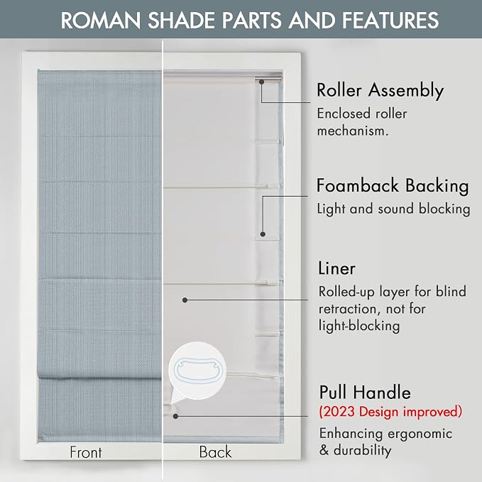 Madison Park Galen Cordless Roman Shade, 31"W x 64"H, Sheen Blue – Room Darkening, Thermal Insulated, Energy Efficient Window Blind with Subtle Sheen Basketweave Fabric for Privacy