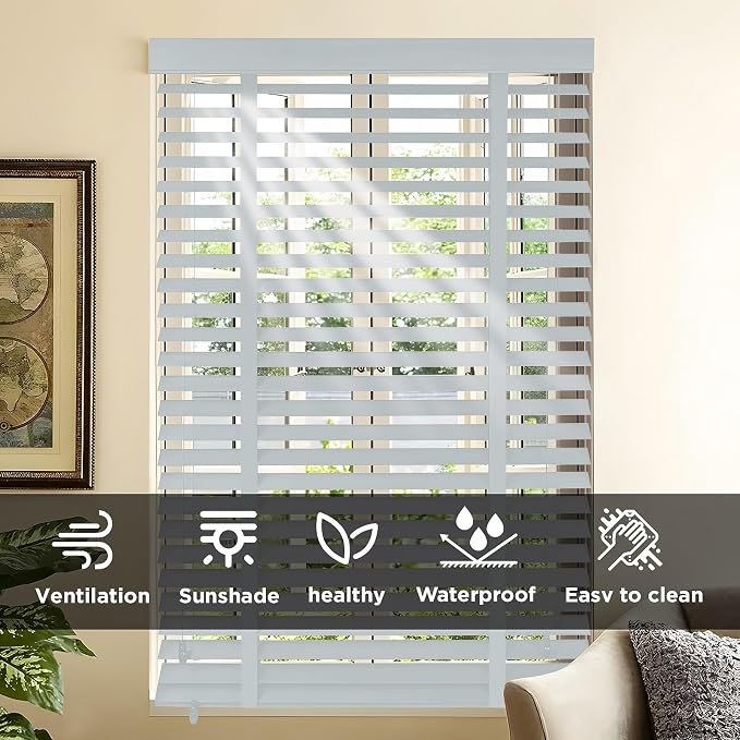 2" Slats Wood Blinds for Indoor Windows: Wooden Blackout Blinds & Shades,Black Out Privacy Horizontal Blinds for Home Bedroom Bathroom Living Room Windows White 42.5" WX 64" H