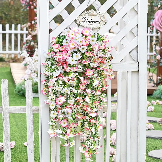 Waipfaru Artificial Petunias Flowers for Outdoors, 2 Pcs UV Resistant Fake Hanging Plants Spring Outside Decor, Faux Silk Flowers Long Trailing Vines for Outdoor Planters Porch Garden (Pink White)