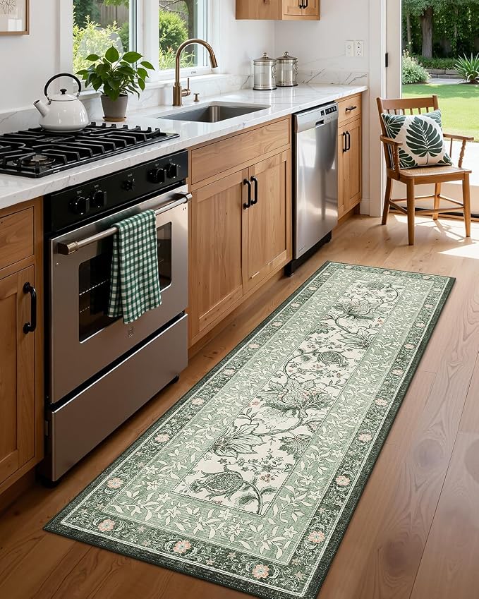 GarveeHome Sage Green 2x6 Washable Kitchen Runner Rugs Non Slip Provence Vintage Boho Cottage Long Rug for Hallways Bedroom Entryway Bathroom Mat with Rubber Back
