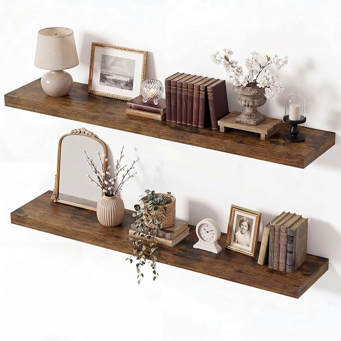 Vivelove Wall Floating Shelves for Display with Invisible Brackets, 36 Inch Floating Shelves for Bedroom Bathroom Living Room Kitchen Office, 36”X 8" X 1.4", Set of 2 - Rustic Brown