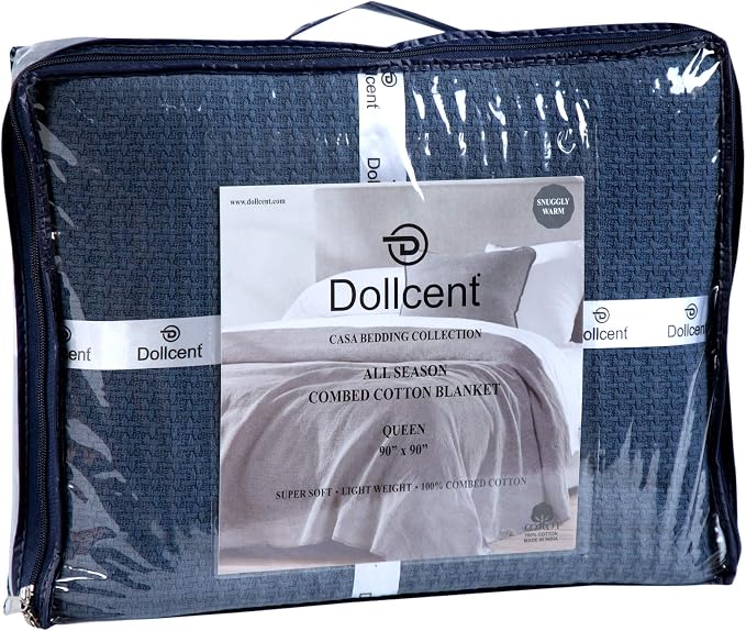 DOLLCENT 100% Cotton Queen Size Blanket for Bed, Premium Soft Combed Lightweight Blankets, Washed Breathable Cozy Bed Throw Blanket, Navy Queen Cotton Blankets for All Season: Navy (90"x90")