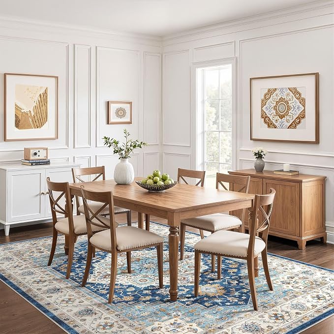 10x14 Area Rug Living Room: Washable Boho Large Neutral Vintage Soft Rugs Stain Resistant Farmhouse Non-Slip Indoor Floor Retro Carpet for Bedroom Nursery Kids Office Dining Room- Navy Beige