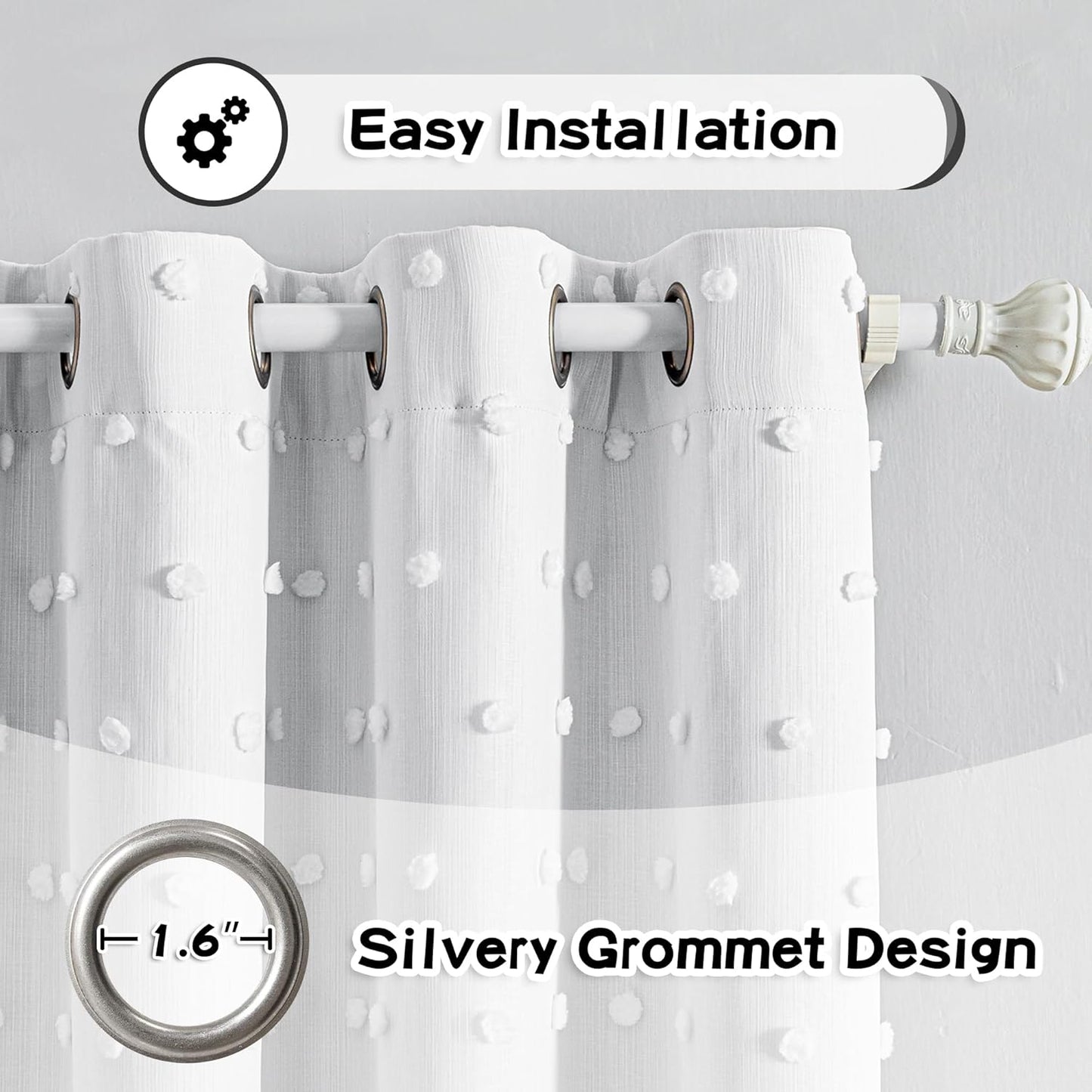 MYSKY HOME 100% Blackout Curtains for Living Room Bedroom Thermal Insulated 102 Inch Length Nursery Curtains 2 Panels Grommet Light Filtering White Pom Pom Sheer Drapes for Sliding Door, 52W x 102L