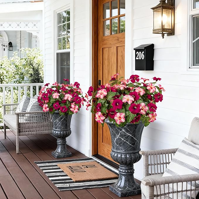19 Inch Artificial Fake Flowers for Outdoor,4 Pcs Rose red Pink Faux Silk Petunias Spring Flowers for Outside for Indoor Porch Planter Front Door Garden Patio Window Box Home Decor