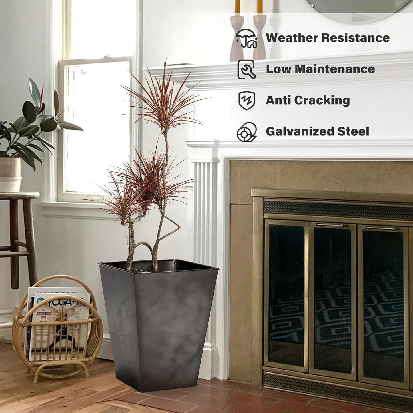 KOL 18''H. Bright Glazed Planter with Drainage Hole, Set of 2, Galvanized Steel Planter Pots for Indoor & Outdoor Use, Decorative Flower Plant Pots for Front Porch, Patio, Deck - Black